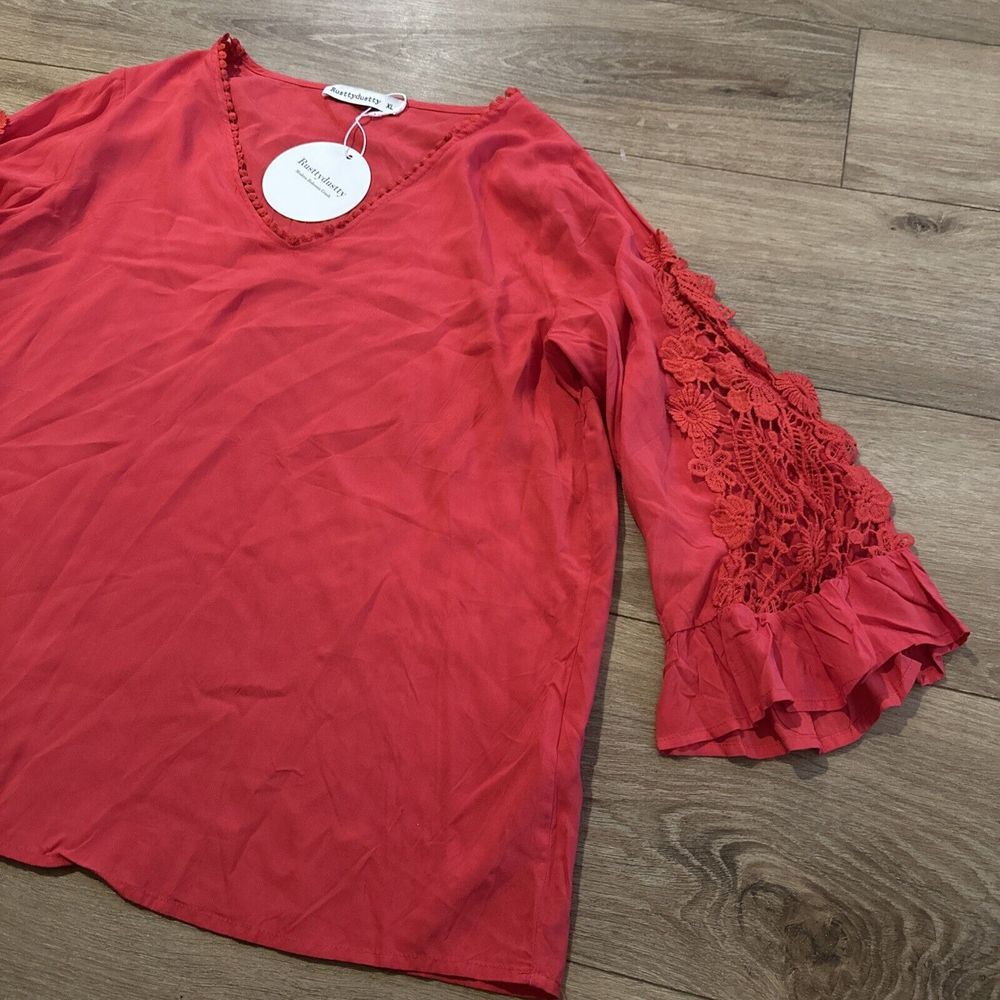 Bohemian Boho Modern Women's 3/4 Ruffle Open Knit Sleeve Blouse Shirt XL